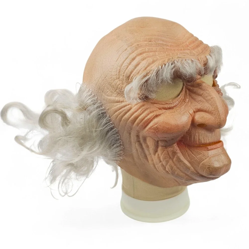 Vintage Old Man Latex Mask Grandfather Grey Hair Mesh Eyes Halloween Costume VTG